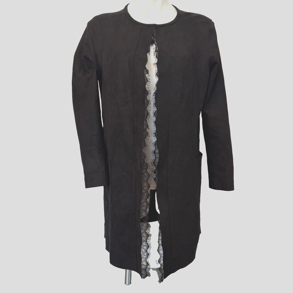 Joan Vass Faux Suede Lace Trim Jacket M Lagenlook Boho Chic Soft Goth Dark Twee